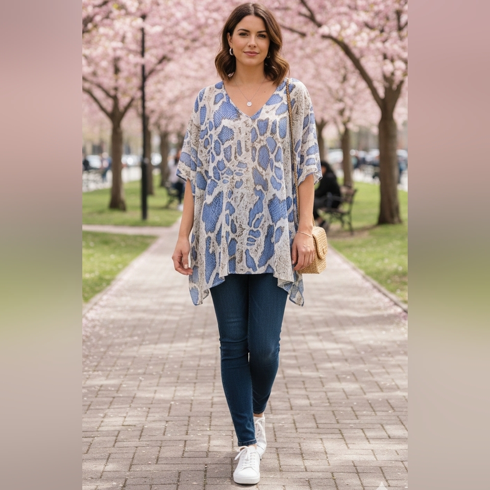 Adrienne Snake Print Boho Sleeve V-Neck‎ Blouse Blue Metallic Size Small